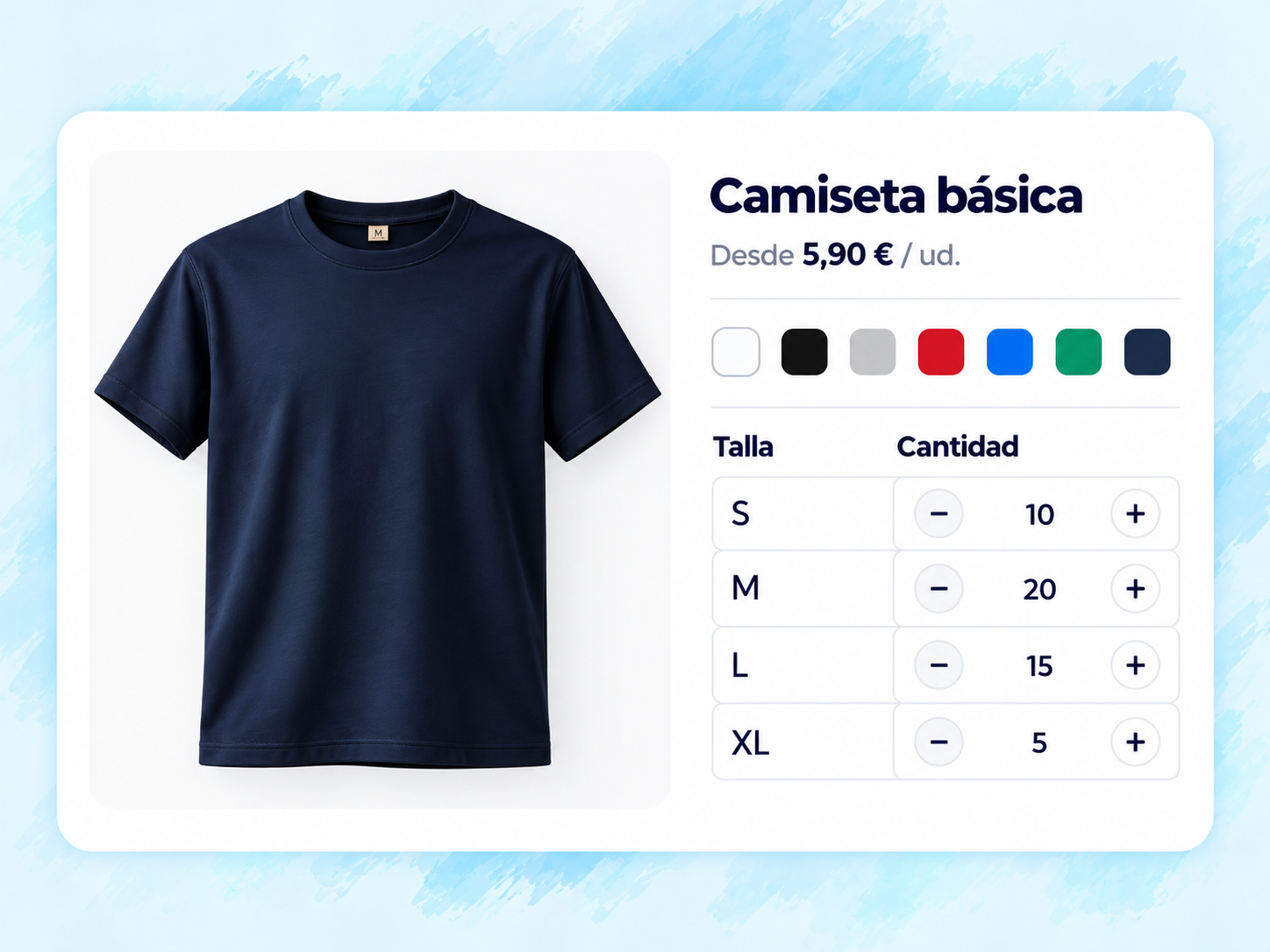 Selección de productos, colores, tallas y cantidades para un presupuesto de ropa personalizada