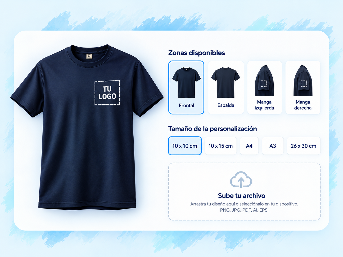 Selección de zonas, tamaños y diseño para personalizar ropa